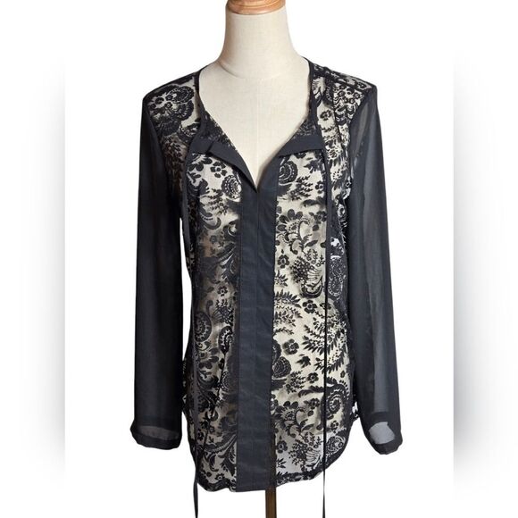 MARK Black Sheer Lace Tie Neck Blouse - Picture 1 of 6